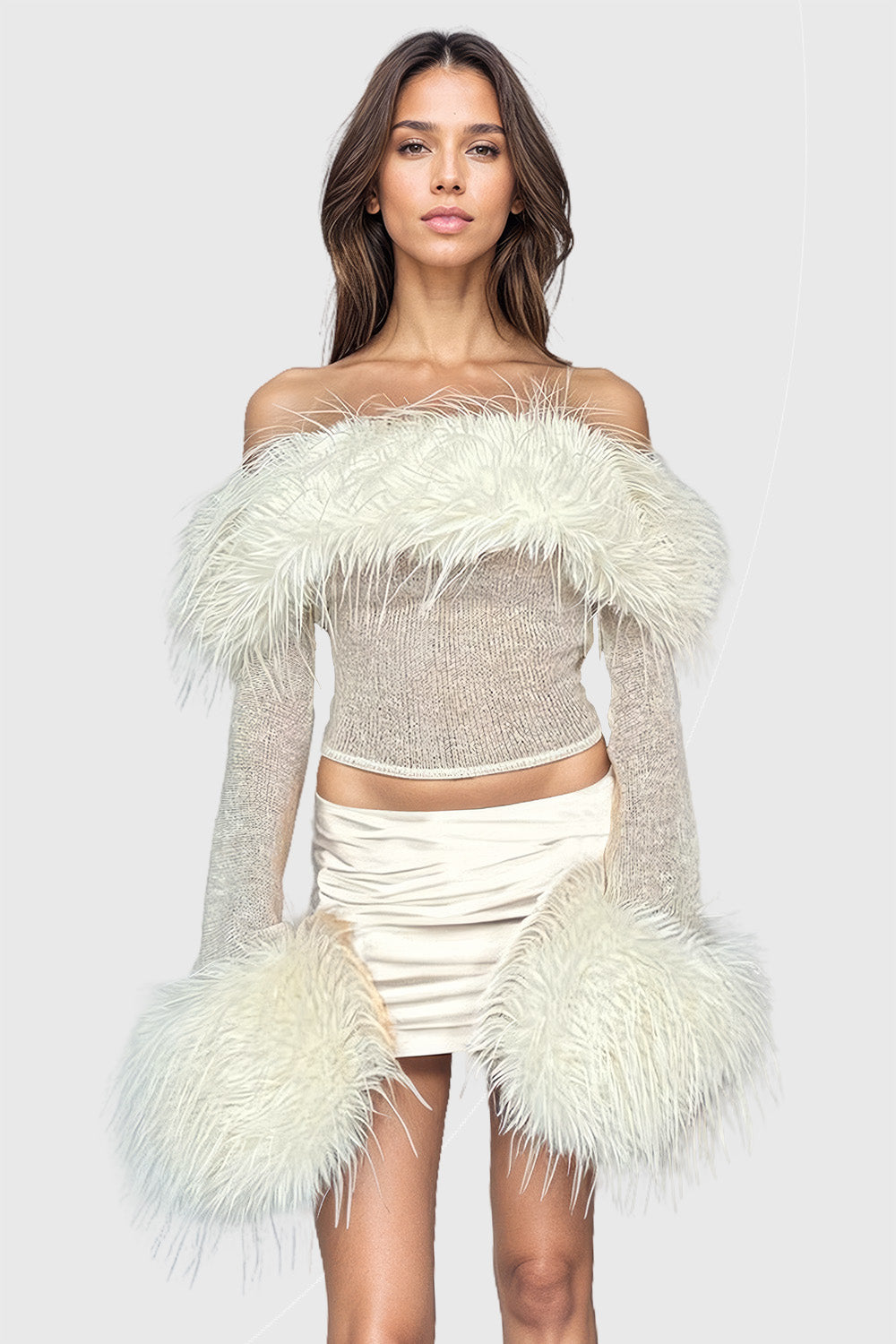 Off-Shoulders Top with Feathers - White