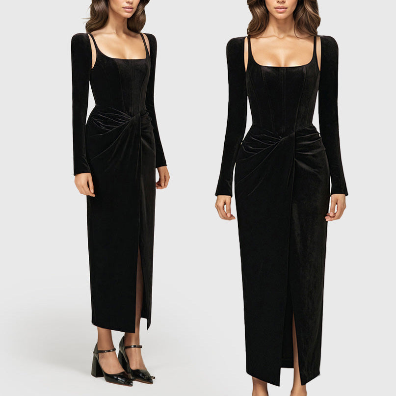 BLACK MIDI DRESS with CORSET LONG SLEEVES and FRONT SLIT – El Merrist Store