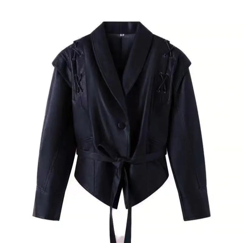Black PU leather jacket with lace-up detail and belted waist for women
