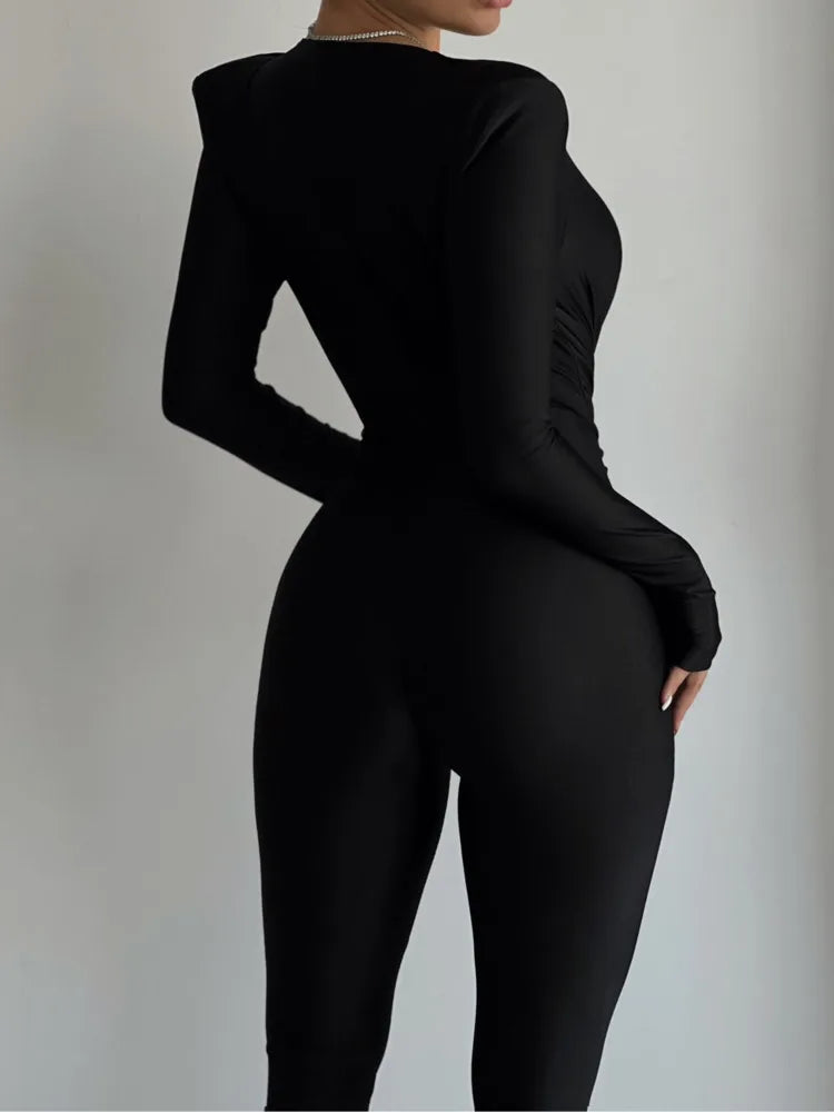 Black Deep V-Neck Long Sleeve Jumpsuit for Women – Elegant Skinny Romper with High Waist Slim Fit
