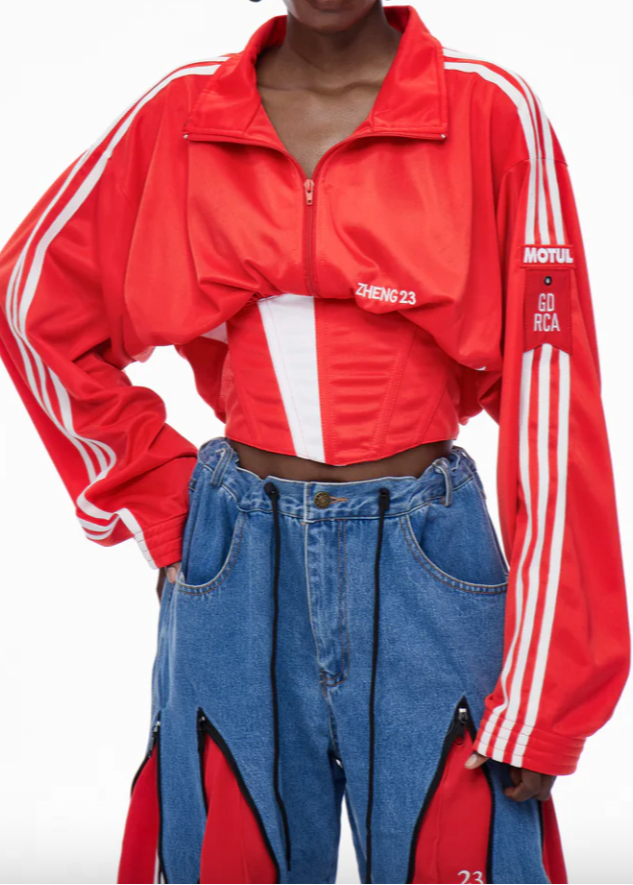 Red trendy zipper jacket for women with slim waist design