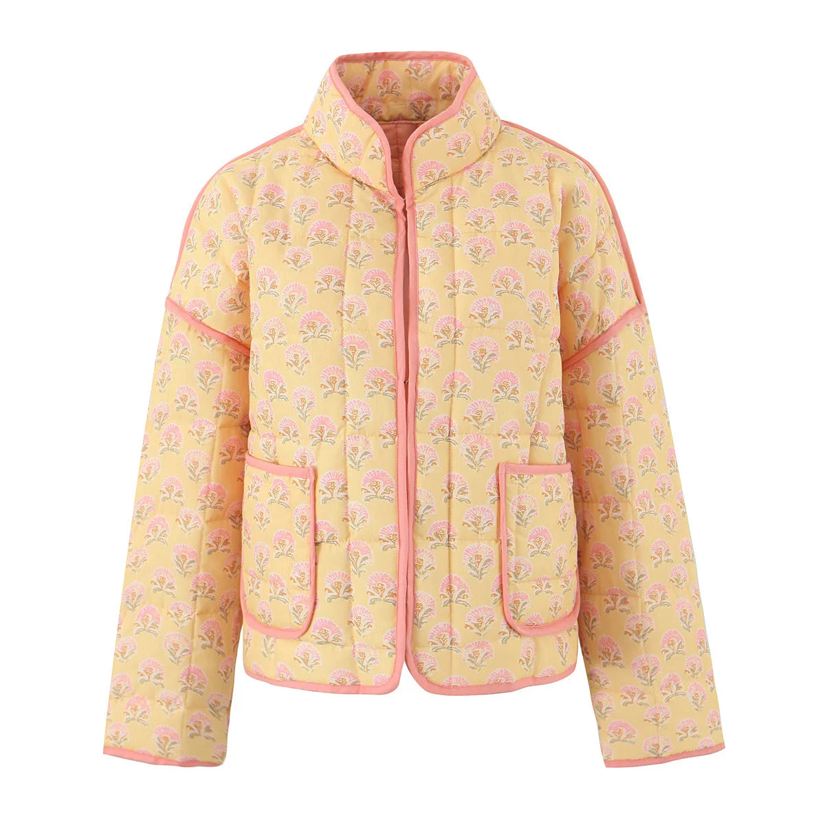 Yellow jacket with pink floral pattern on a white background