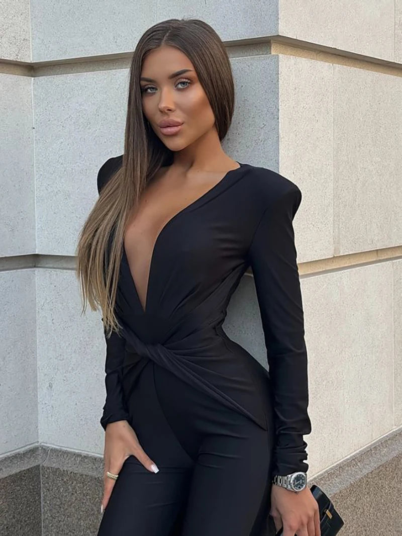 Black Deep V-Neck Long Sleeve Jumpsuit for Women – Elegant Skinny Romper with High Waist Slim Fit