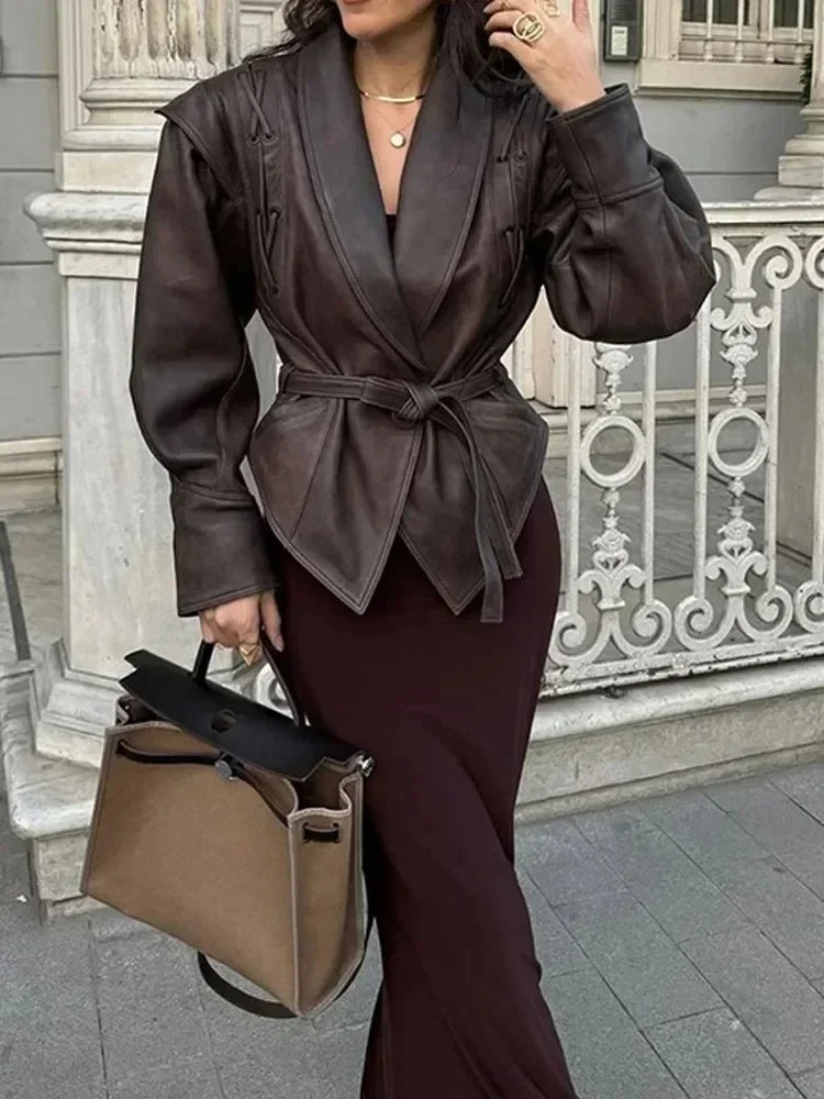 Faux leather jacket with belt and dropped shoulders camel