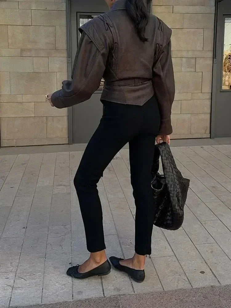 Faux leather jacket with belt and dropped shoulders camel color