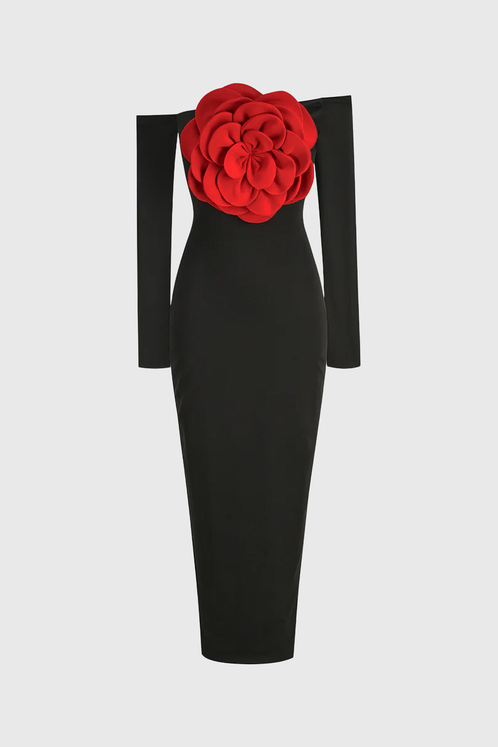 Off Shoulders Maxi Dress with Rose - Black