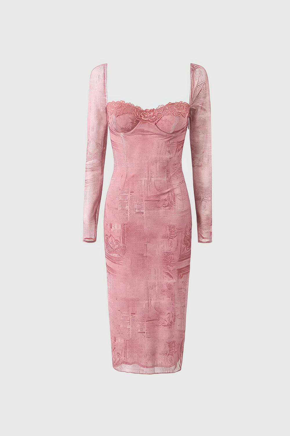 Fitted Midi Dress with Square Neckline - Pink