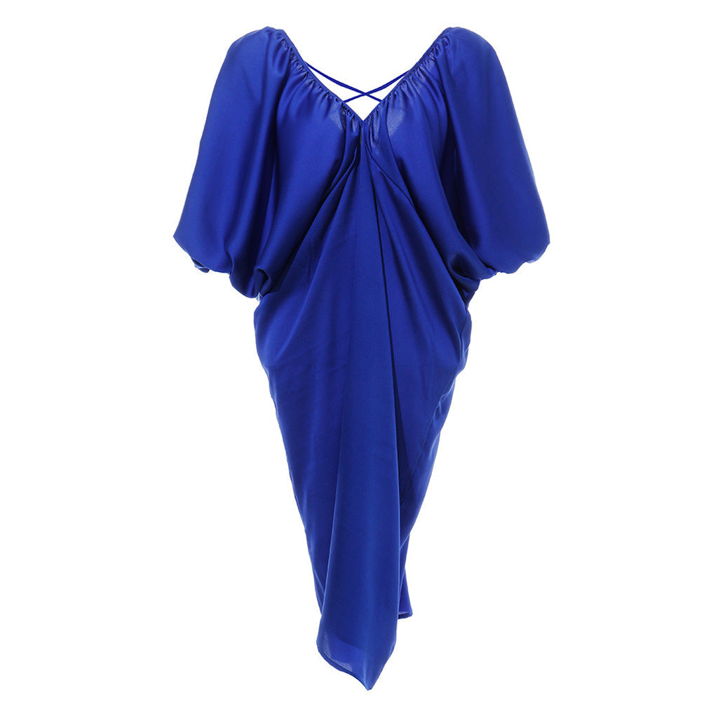 Flowy Puff Sleeve Ruched V Neck Cross Open Back Oversized Midi Dress