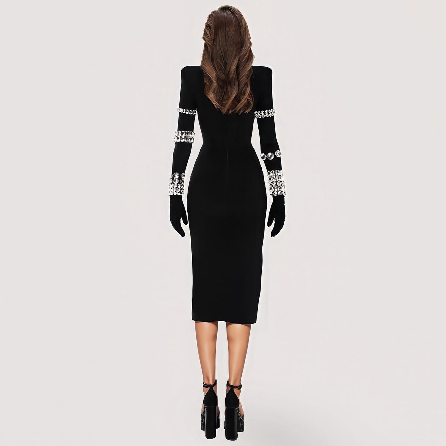 BLACK HIGH NECK MIDI DRESS with RHINESTONES