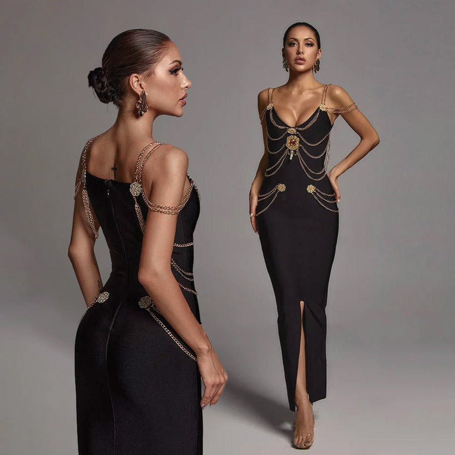 LILLY MAXI DRESS with GOLD CHAINS and FRONT SLIT