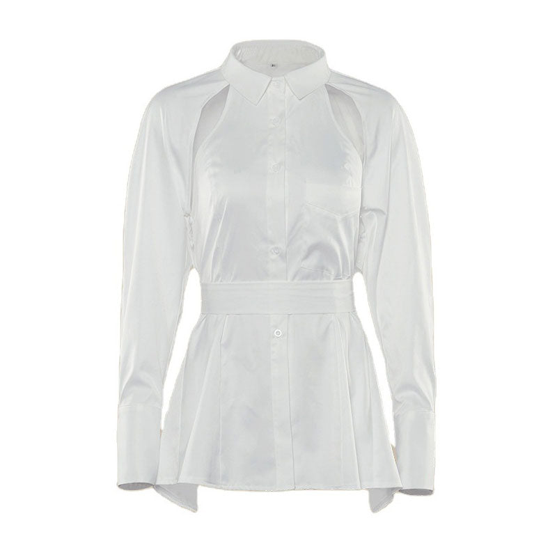 Modern Cut Out Open Back Long Sleeve Collared Button Up Belted Shirt