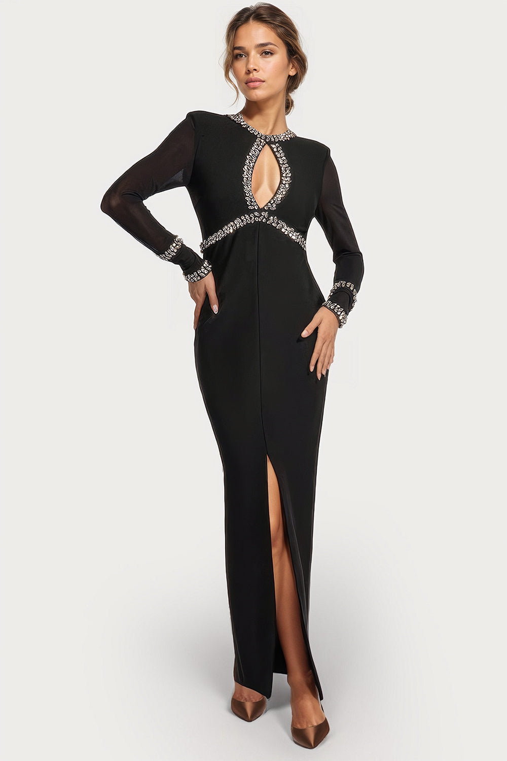 Embellished Slit Midi Dress - Black