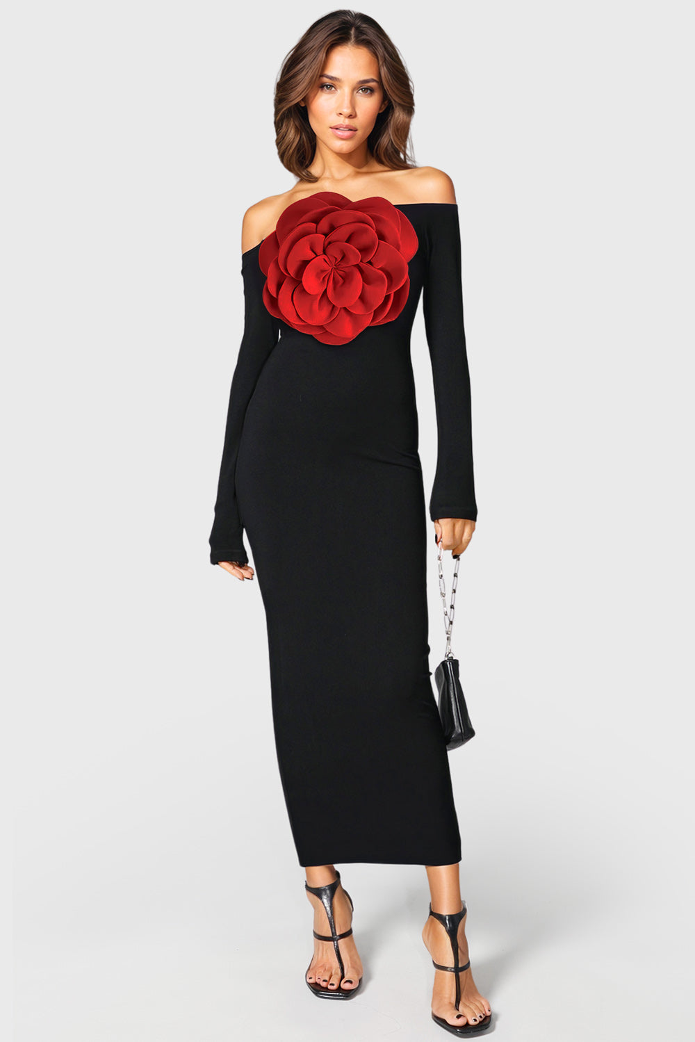 Off Shoulders Maxi Dress with Rose - Black