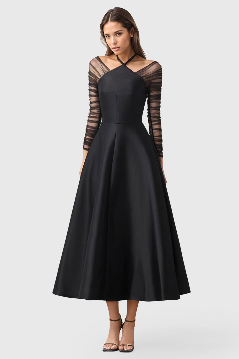 A-Line Dress with Ruched Sleeves - Black