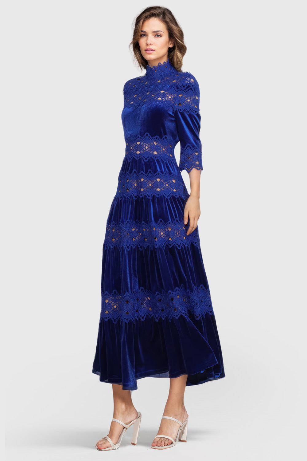 Half Sleeve Maxi Dress with Lace Details - Blue