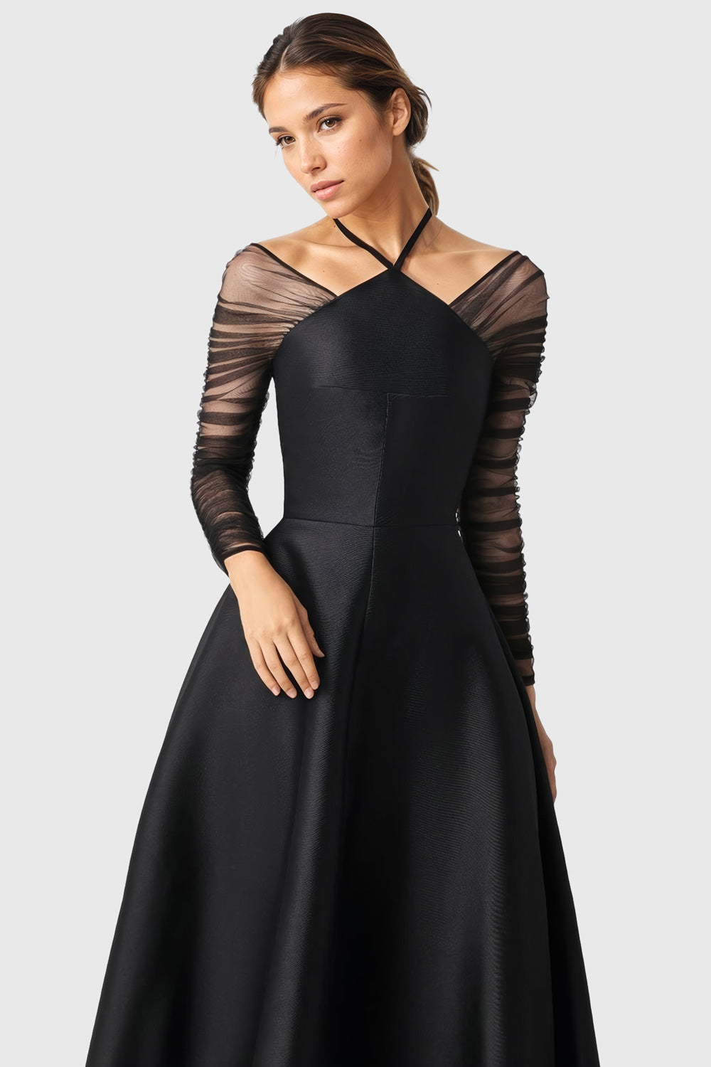 A-Line Dress with Ruched Sleeves - Black