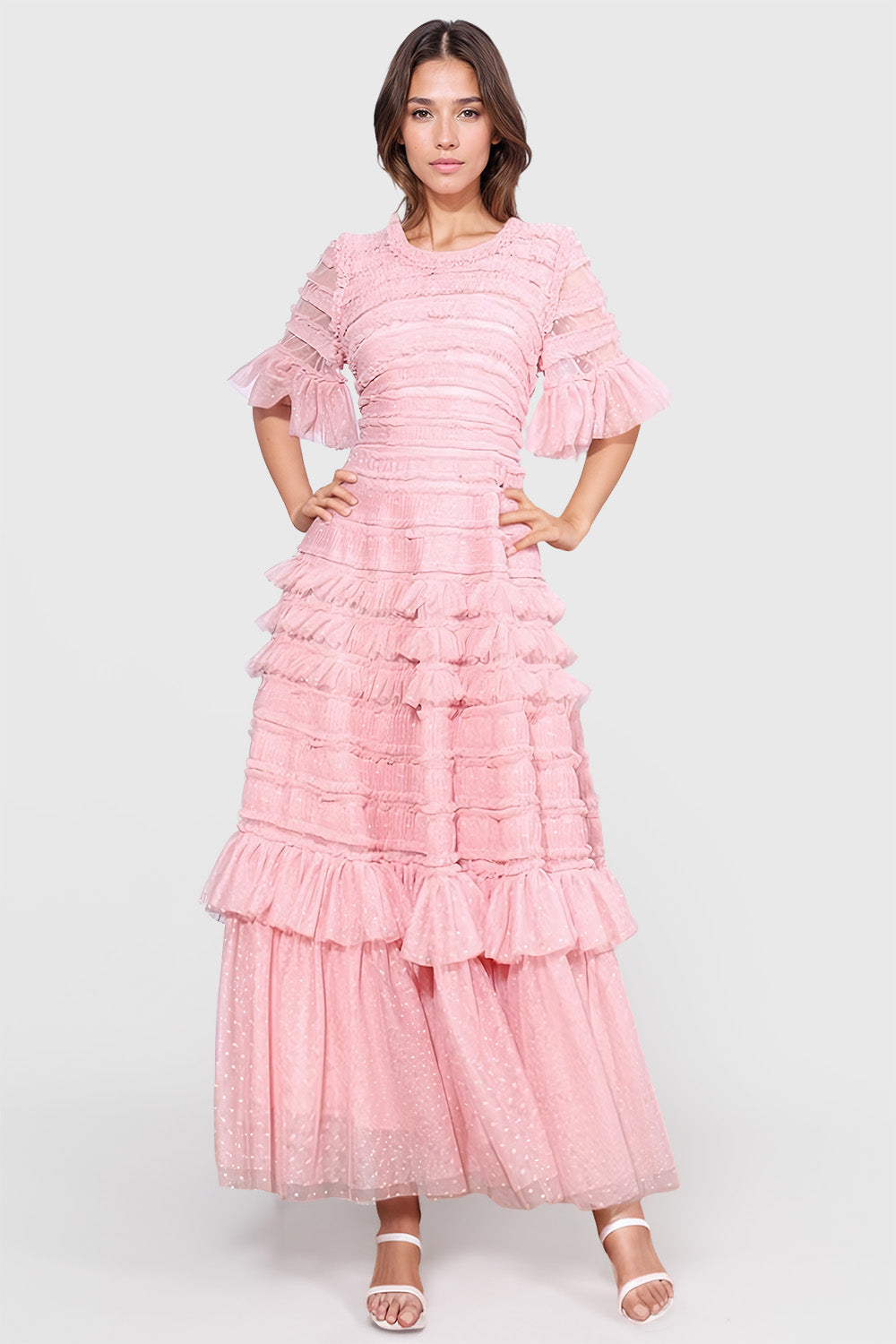 Ruffled Midi Dress with Half Sleeves - Pink