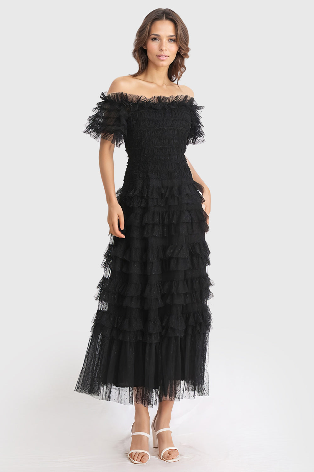 Off Shoulders Midi Dress with Ruffles - Black