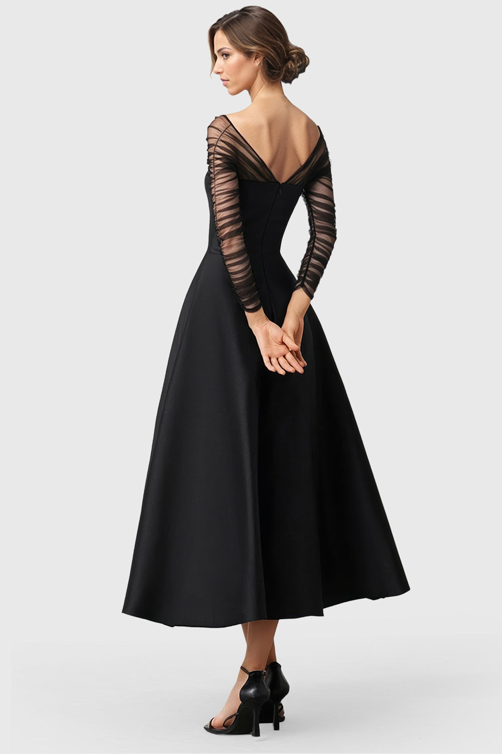 A-Line Dress with Ruched Sleeves - Black