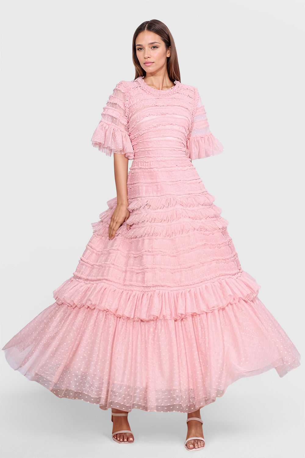 Ruffled Midi Dress with Half Sleeves - Pink