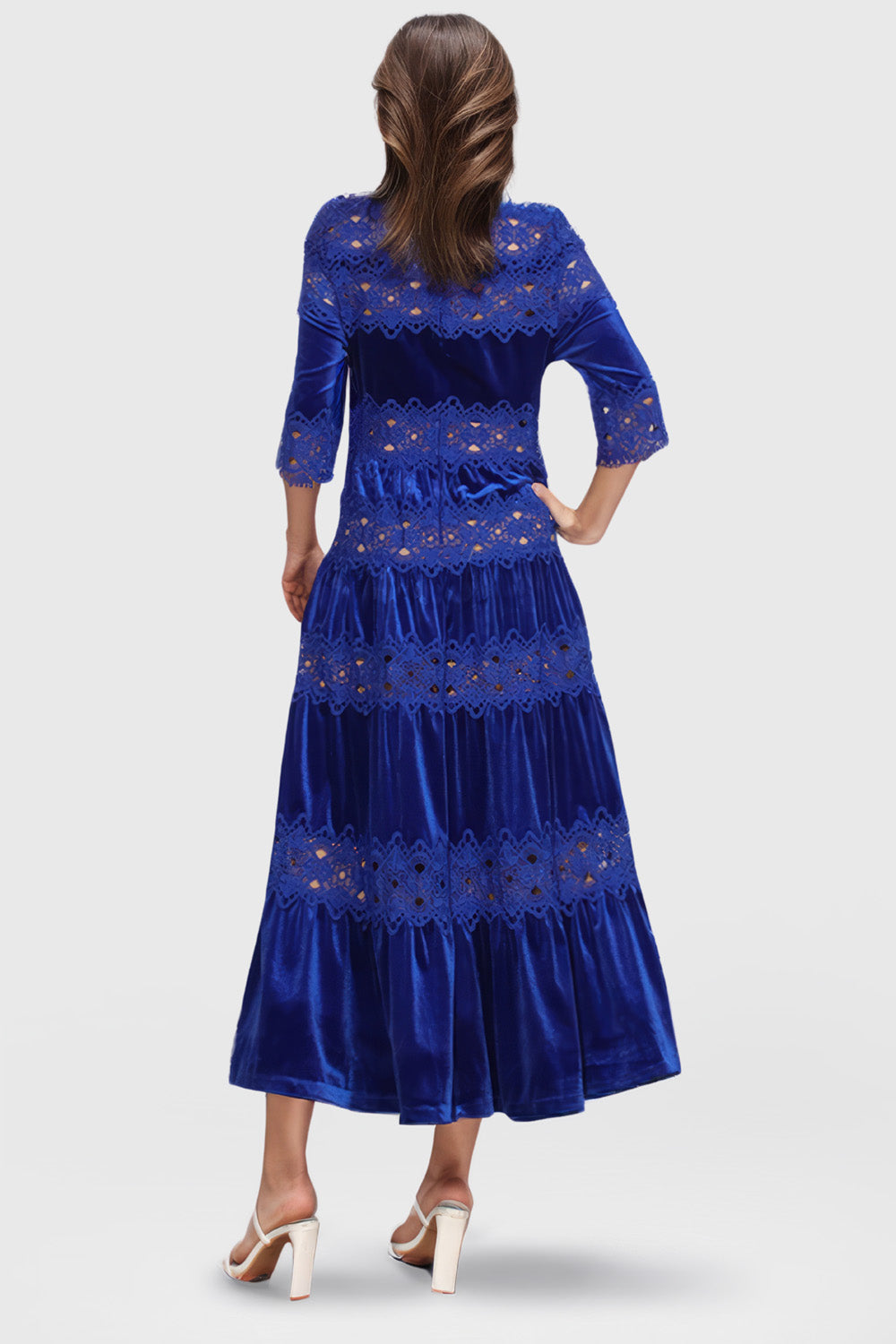 Half Sleeve Maxi Dress with Lace Details - Blue