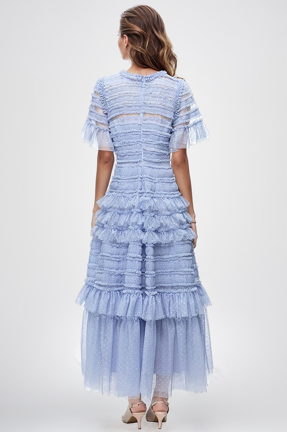 Ruffled Midi Dress with Half Sleeves - Blue