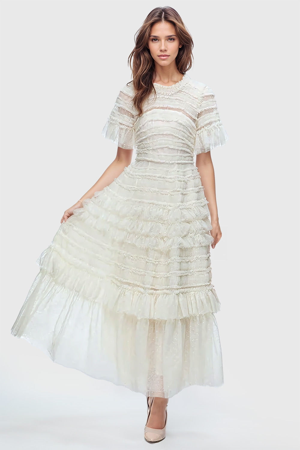 Ruffled Midi Dress with Half Sleeves - Ivory