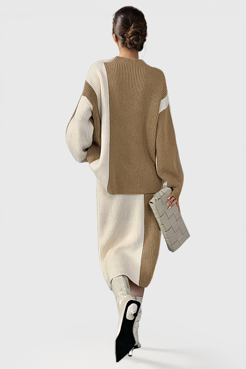 Knitted Striped 2-Piece Set - Brown