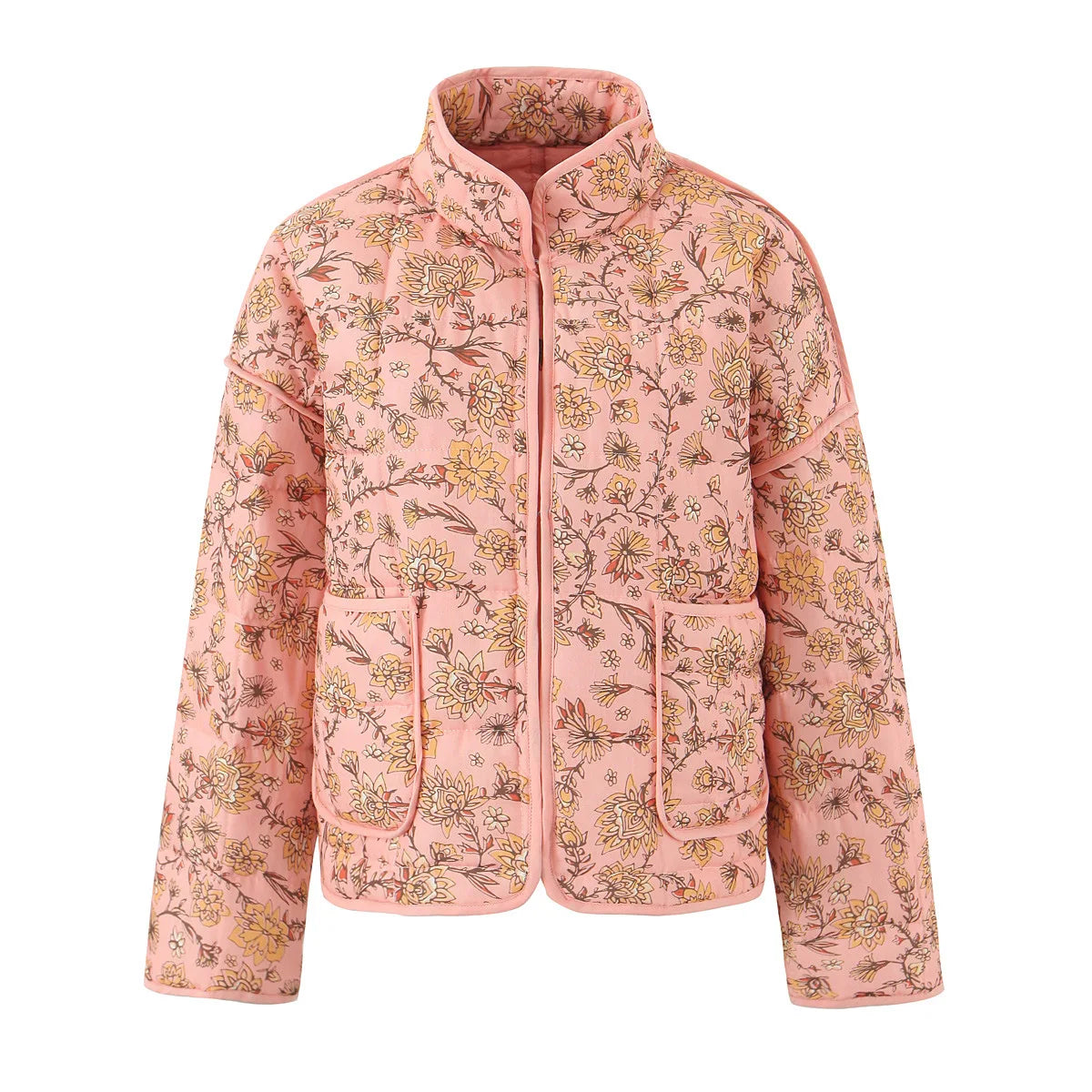 Pink floral quilted cotton jacket for women autumn outerwear