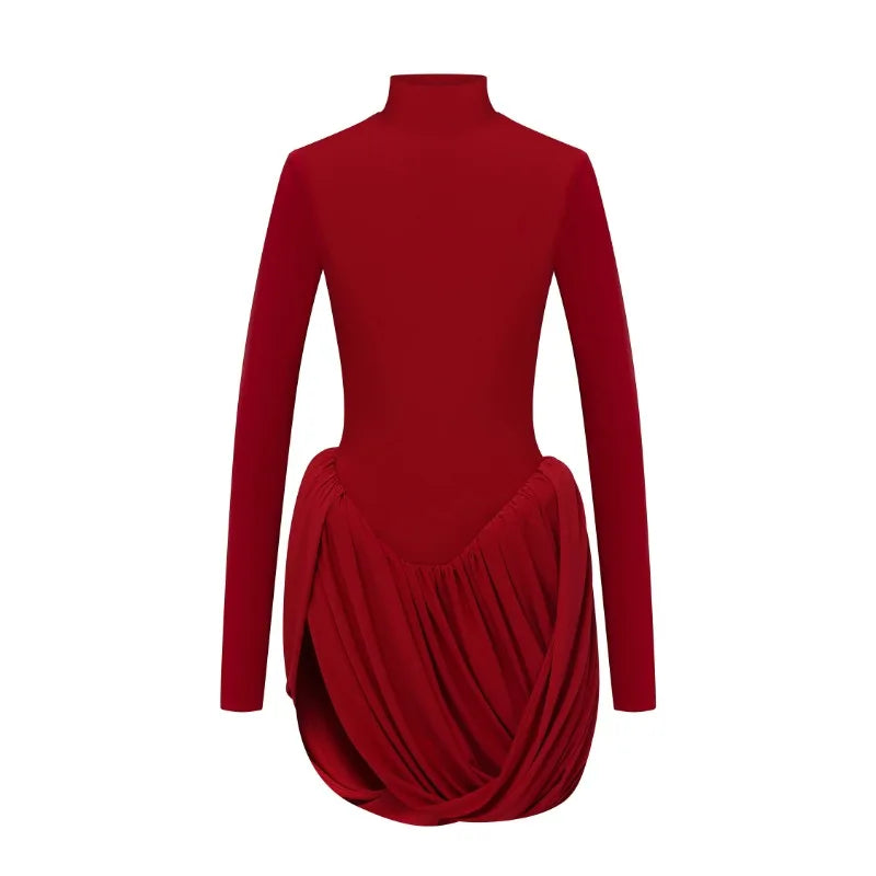 Red dress with long sleeves and a draped skirt