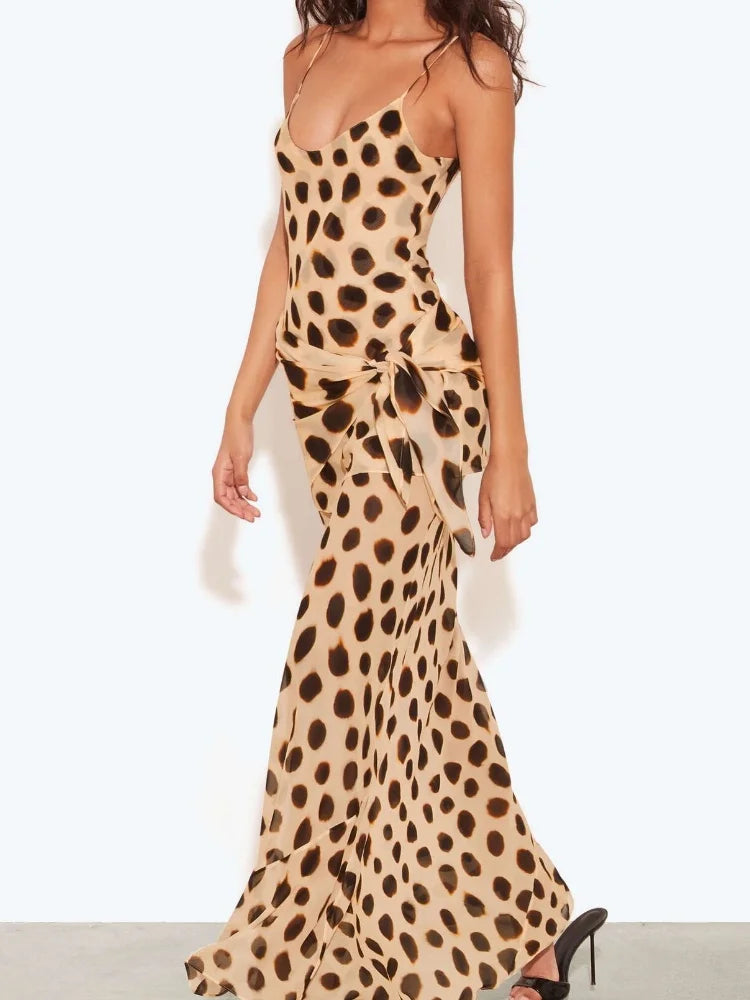 Animal Print Spaghetti Strap Maxi Dress With Waist Tie