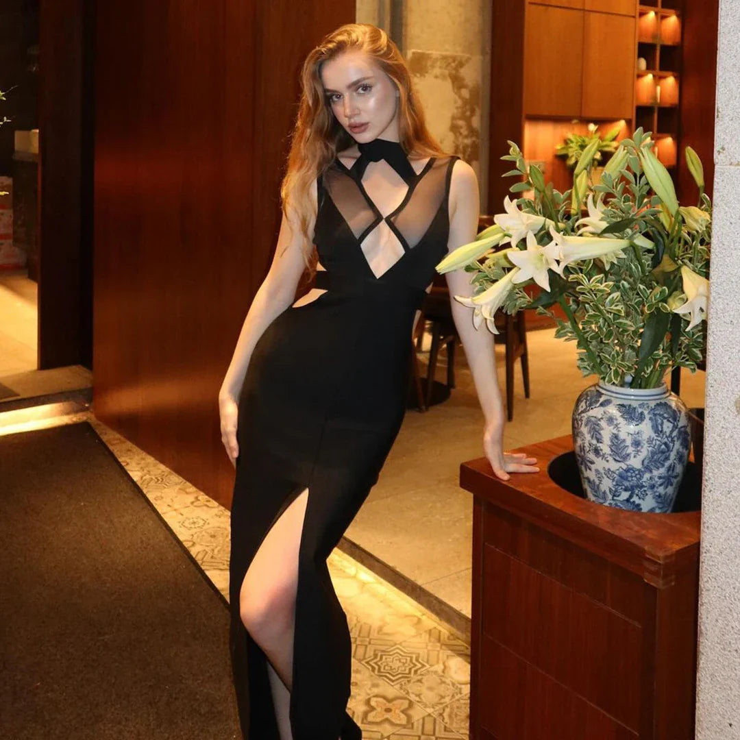MESH HOLLOW OUT BANDAGE MAXI DRESS