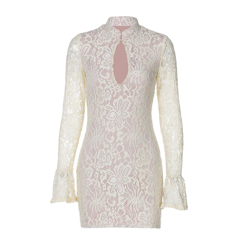 White lace dress with long sleeves on a white background