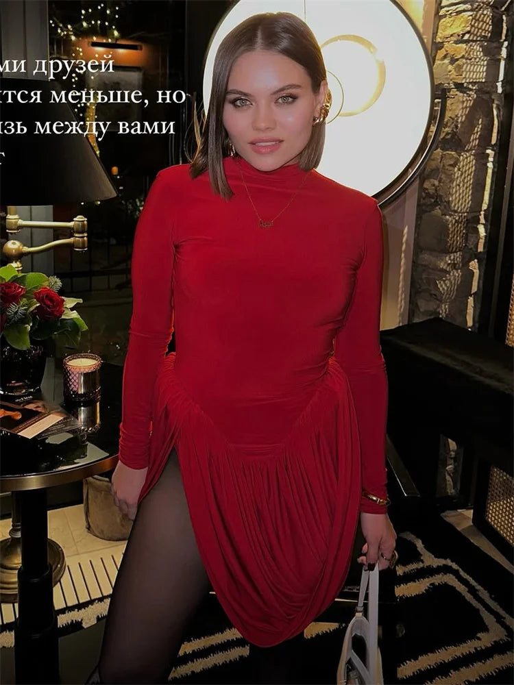 BACKLESS PLEATED LONG SLEEVE DRESS