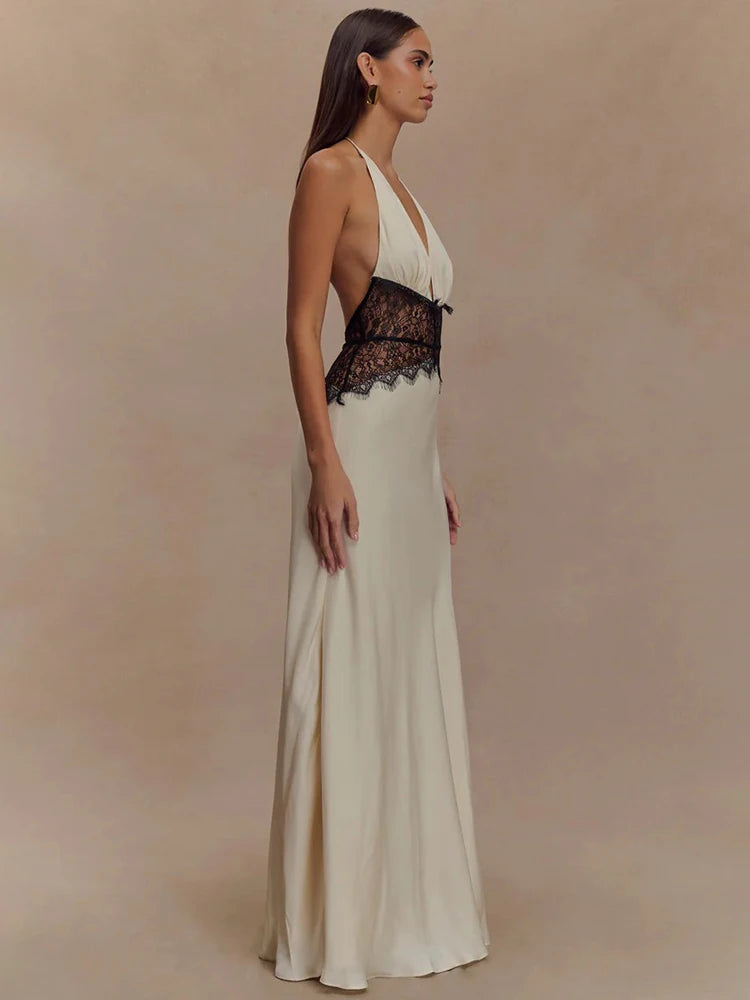 Elegant Backless Halter Maxi Dress with Lace Waist – Deep V Neck Sleeveless Summer Gown