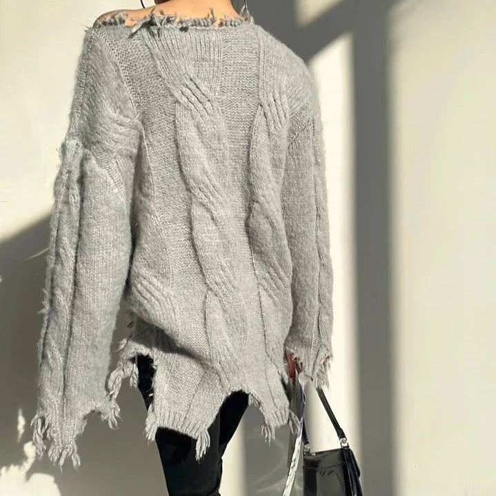 LONG KNITTED PULLOVER with RIPPING - Grey