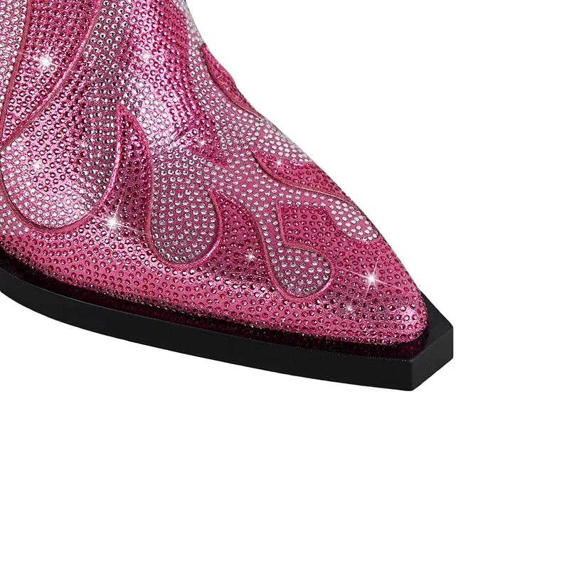 FLAME SHAPE SHORT BOOTS THICK HEEL with CRYSTALS