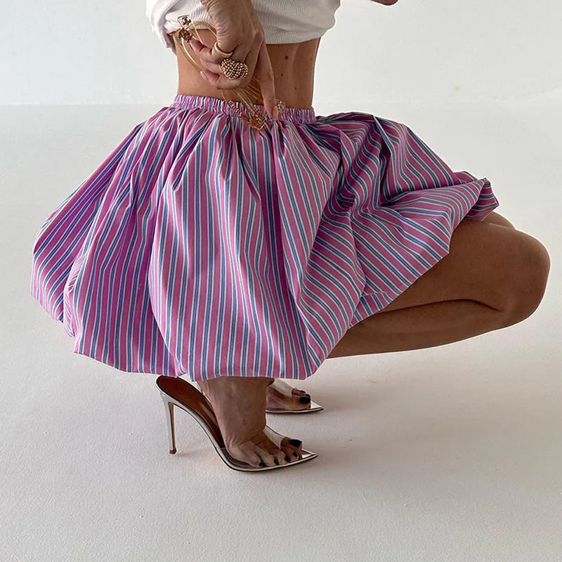 Red striped fluffy pleated mini skirt – high waist summer streetwear