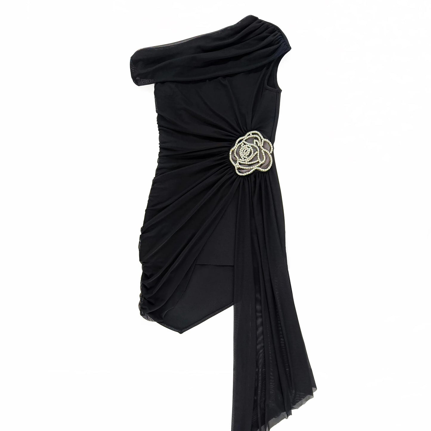 ONE SHOULDER BLACK MINI DRESS with SIDE TRAIN