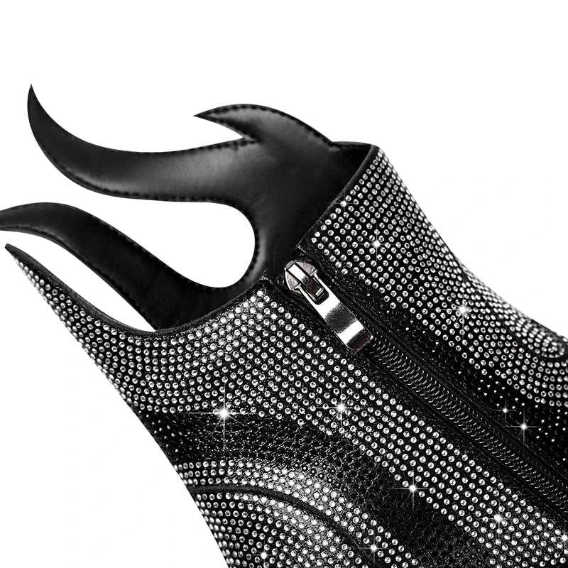 FLAME SHAPE SHORT BOOTS THICK HEEL with CRYSTALS