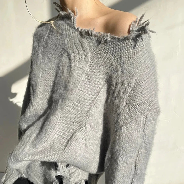 LONG KNITTED PULLOVER with RIPPING - Grey