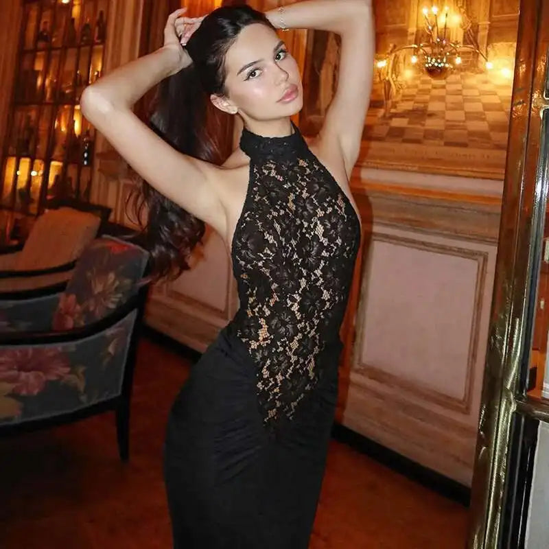 Lace Halter Backless Maxi Dress – Elegant Black Bodycon Evening Gown for Women