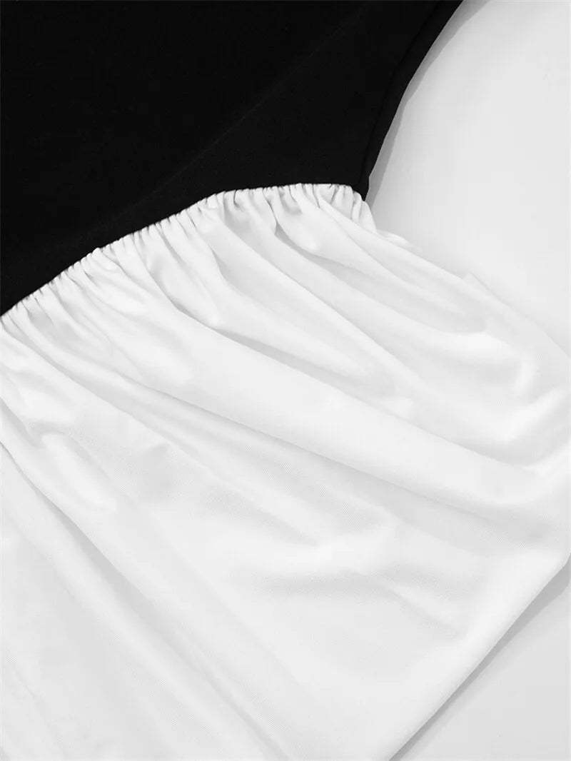 PATCHWORK SLEEVELESS BLACK and WHITE BODYCON MIDI DRESS