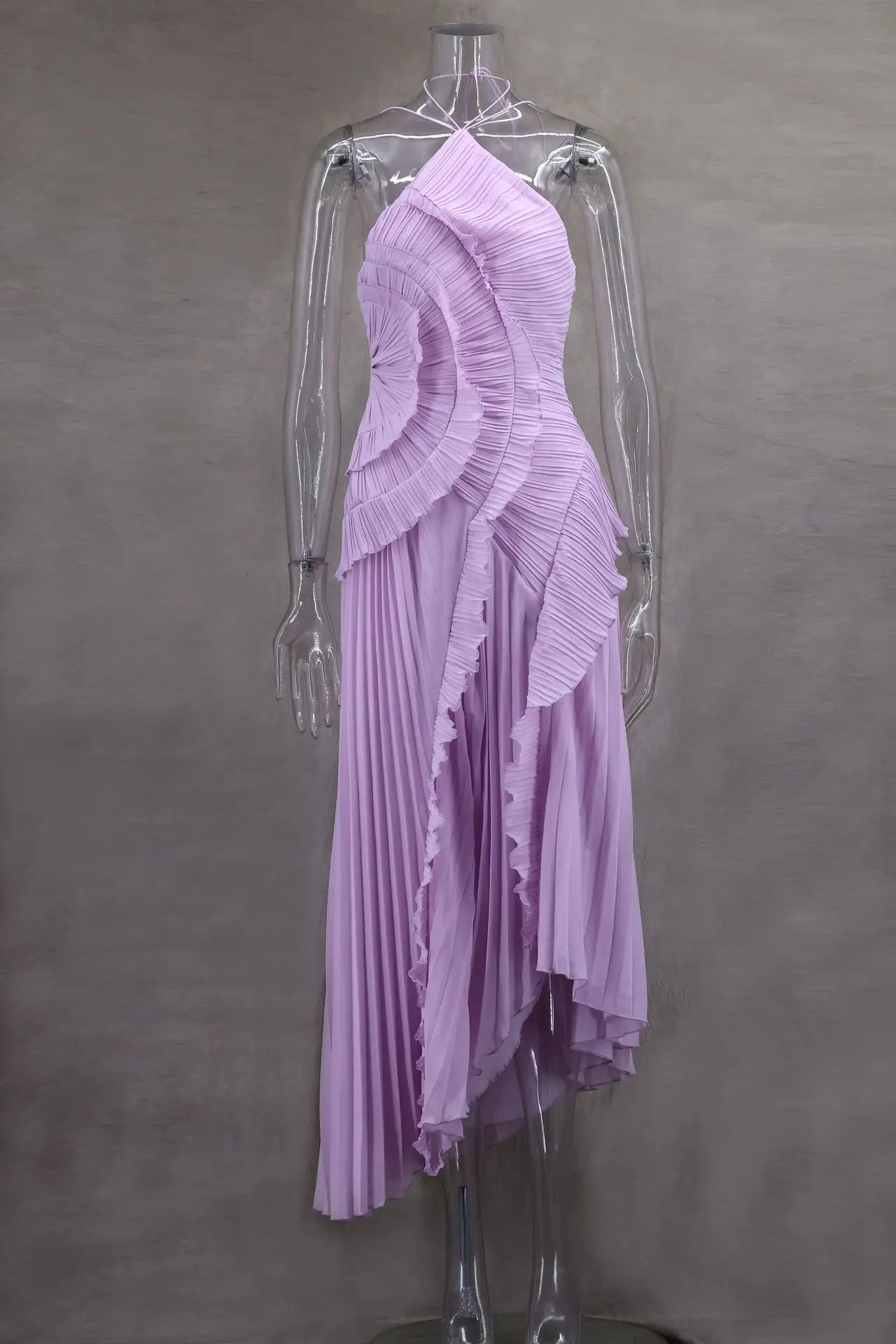 Lavender One-Shoulder Ruffled Maxi Dress – Elegant Pleated Backless Gown for Evening Events
