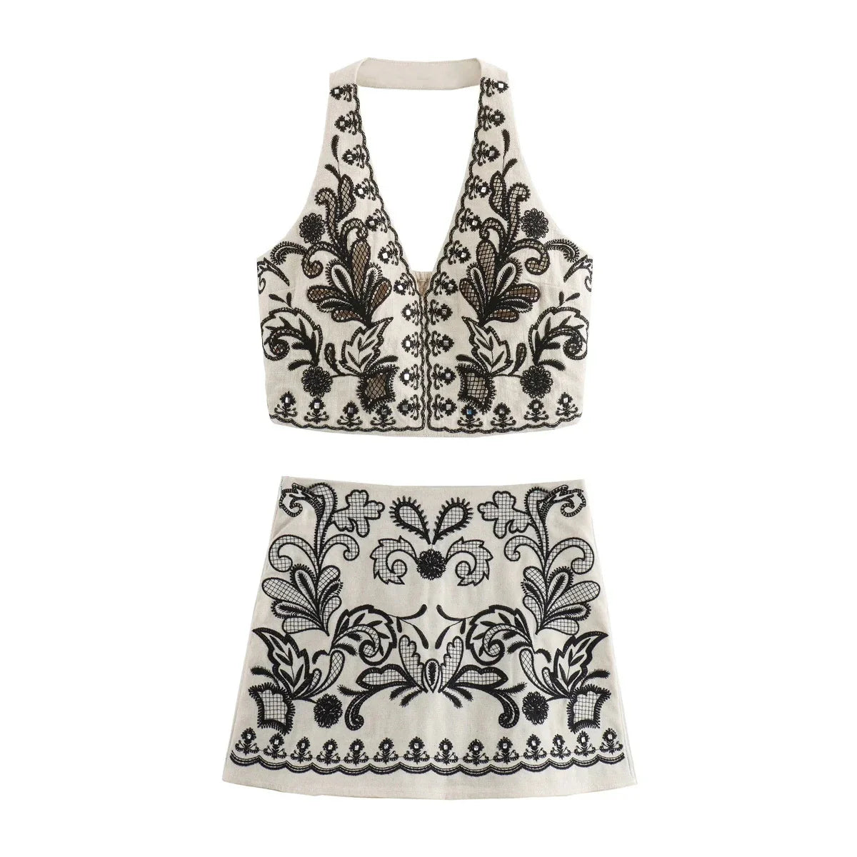 WHITE EMBROIDERED MINI SKIRT and HALTER CROP TOP 2 PEACE SET