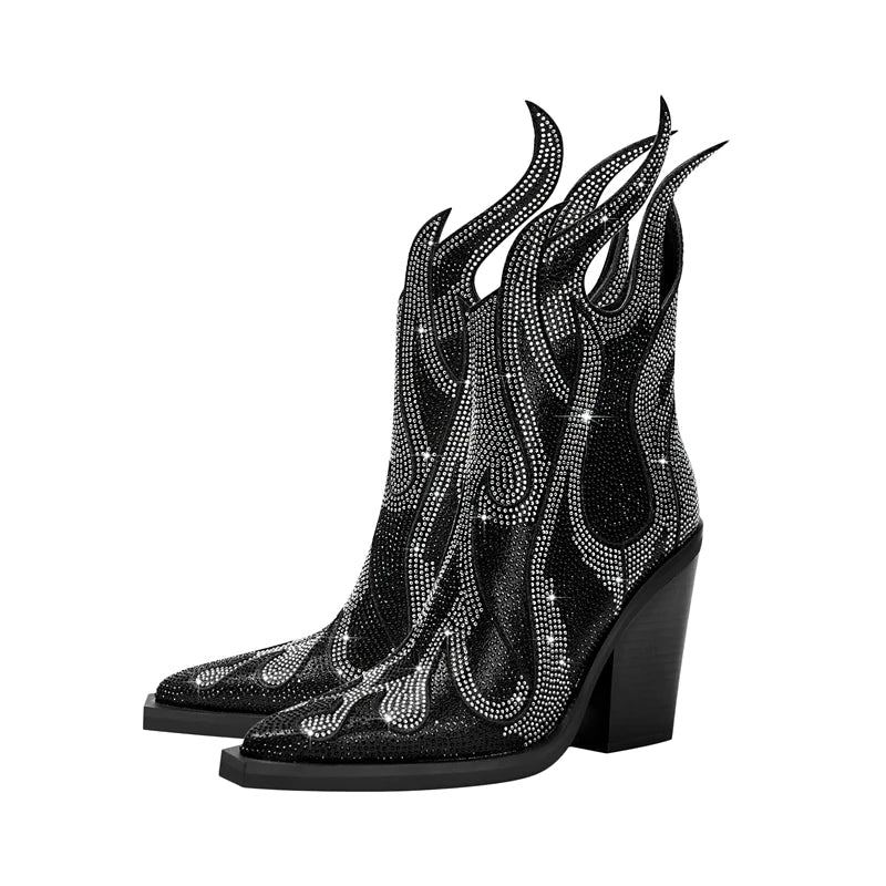 FLAME SHAPE SHORT BOOTS THICK HEEL with CRYSTALS