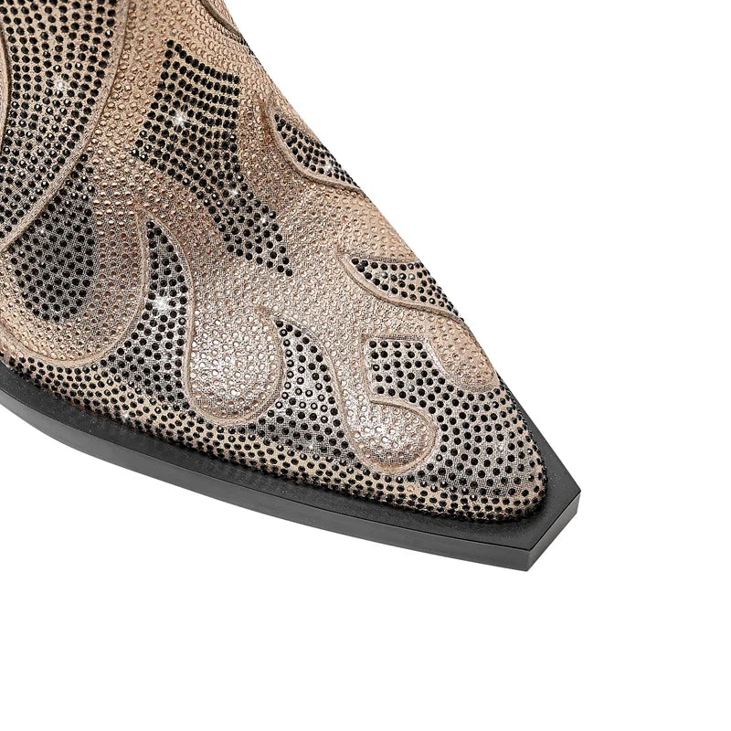FLAME SHAPE SHORT BOOTS THICK HEEL with CRYSTALS