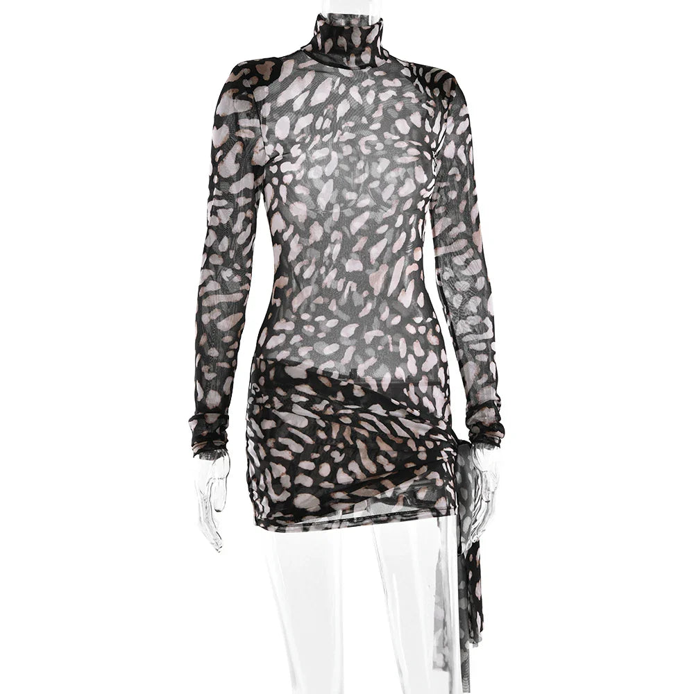 LEOPARD PRINT LONG SLEEVE MINI DRESS with TRAIN