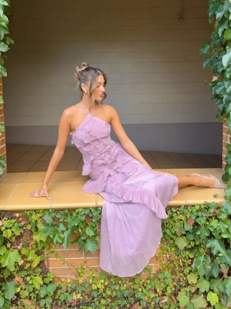 Full-length lavender party gown with cascading ruffles and feminine shape