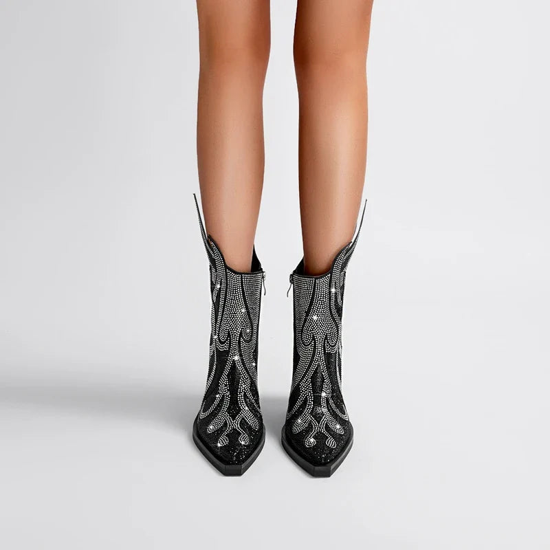 FLAME SHAPE SHORT BOOTS THICK HEEL with CRYSTALS